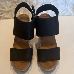 Toms Black & Tan Wedge Sandals with Ankle Strap